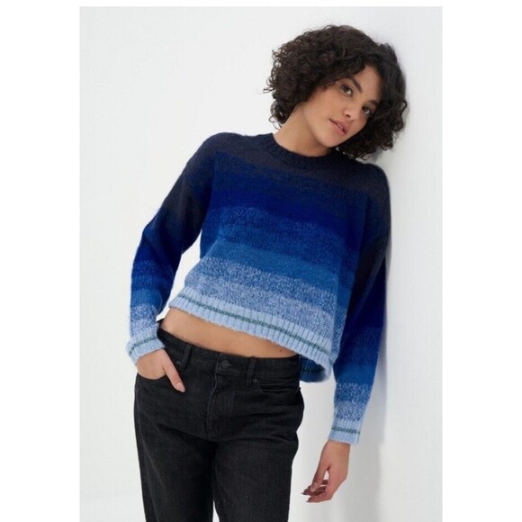 American Eagle Women's Sweater Mock Neck Ribbed Knit Blue Ombre Crop Size Med - Picture 2 of 16